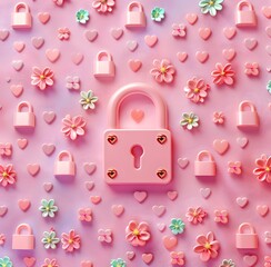 Obraz premium Pink padlock with hearts and little colorful flowers, elegant romantic template.