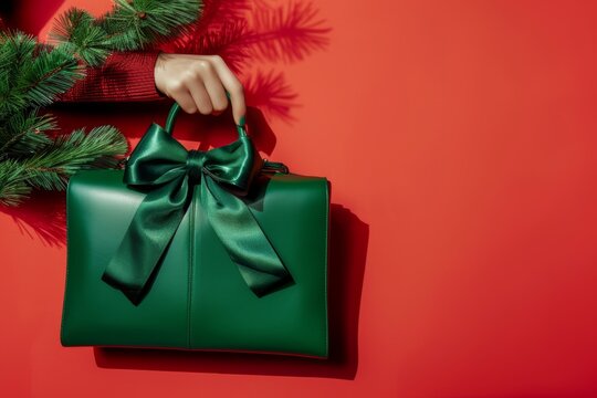 A single hand holding a green handbag adorned with pine branches, captured on a vibrant red background, representing festive readiness and elegance.