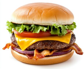 A large hamburger with lettuce, tomato and cheese on a white background.