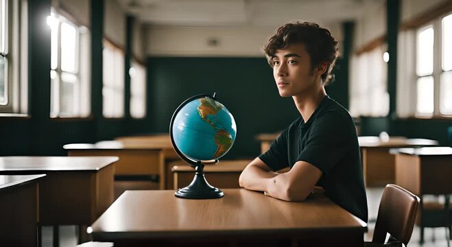 Student with a globe in class.