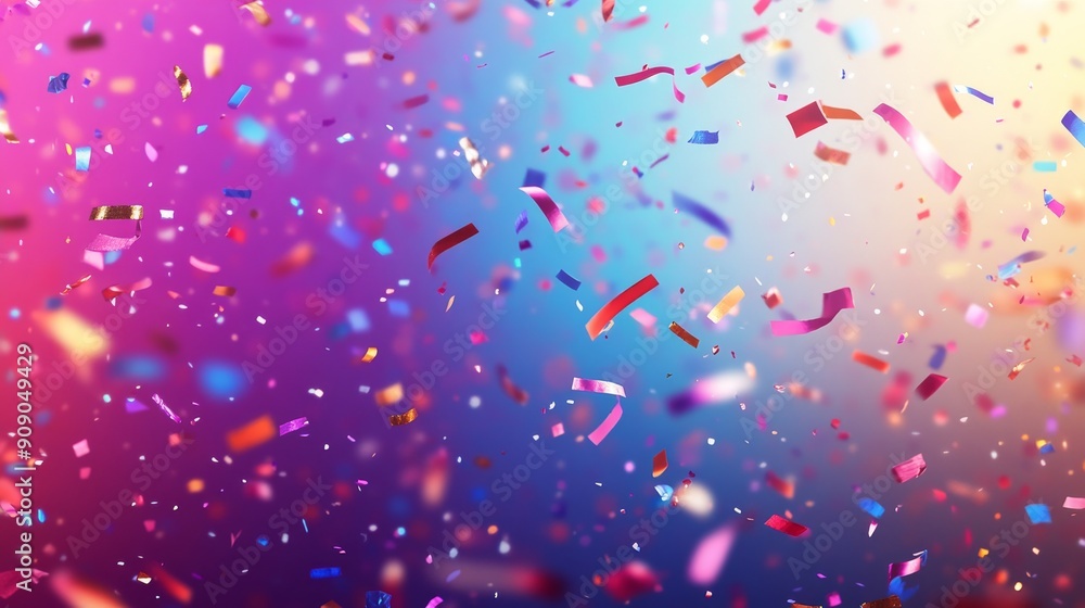 Poster multicolored confetti falling against a blurred gradient background