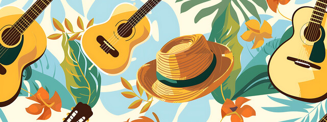 Tropical summer vibes with guitars, a straw hat, and vibrant green, orange, and yellow colors. 