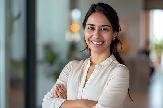 Hispanic smiling toothy Latino Indian successful confident Arabian businesswoman worker lady boss female leader girl business woman posing crossed hands looking at camera in office corporate portrait