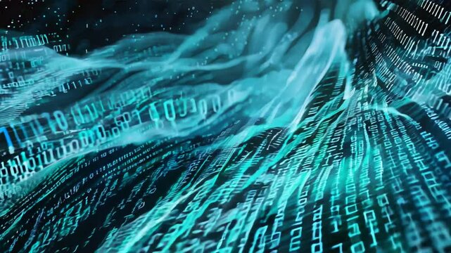 Abstract waves of binary code flowing through a dark, futuristic background
