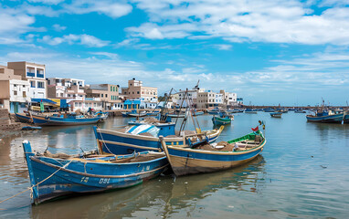 Fototapeta premium Blue, green, and white boats in a vibrant harbor, showcasing the beauty of a coastal town. 