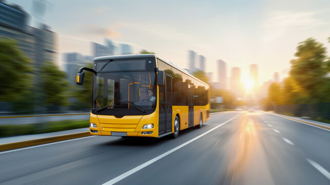 A yellow city bus driving on an urban road at sunset, with blurred buildings and trees in the background.