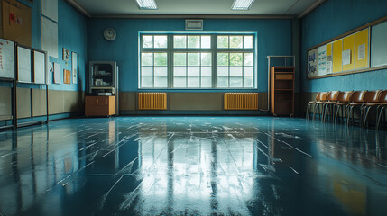 Empty classroom, blue walls, shiny floor, window, chairs, radiator, cabinets. Generative AI