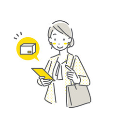 スマホで宅配の通知を受け取る若い女性　シンプルでお洒落な線画イラスト