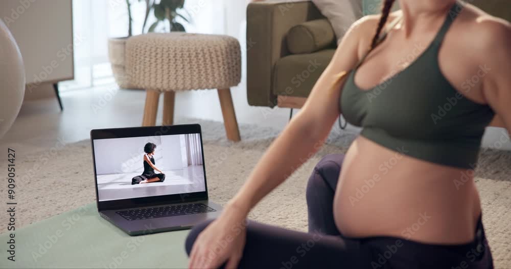 Poster Pregnant, woman and stretching in living room, laptop and streaming of video for workout with yoga in house. Mat, watch and subscription on app for wellness of baby, online or fitness of body in home