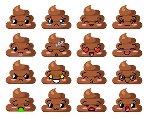 Obraz premium Poop emoji set. Collection of shit with different moods. Set of poo with different expressions of faces. Vector illustration isolated on white background
