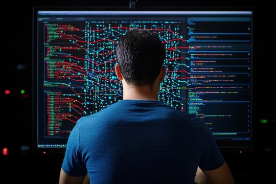A programmer analyzing complex data on a large screen, showcasing modern technology and digital innovation.