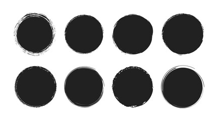 Set of Black grunge round shapes. Brush strokes frames elements, frames for design. Vector isolated on white background. Grunge post stamps. Distressed circles, banners set