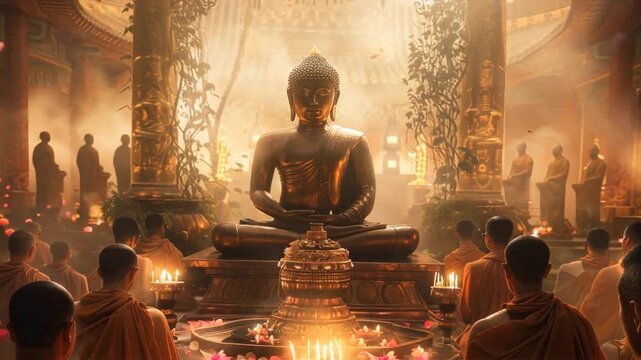 A group of monks are gathered in a temple, with a large statue of Buddha in the center. The atmosphere is peaceful and serene, with the monks sitting in a circle around the statue