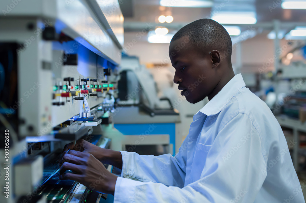 Poster technician in a white lab coat concentrating while working on a microchip production line in a facto