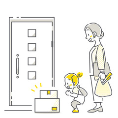 置き配を利用する親子　シンプルでお洒落な線画イラスト
