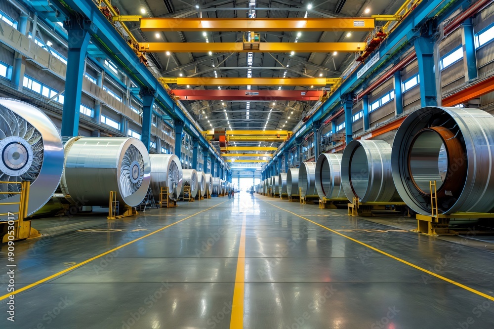 Poster long exposure of a factory making components for wind turbines, showing the scale of the operation
