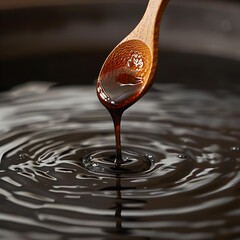 A wooden spoon with dark syrup dripping into a pool below, perfect for culinary blogs, recipe websites, or food product advertisements, The image highlights richness, texture