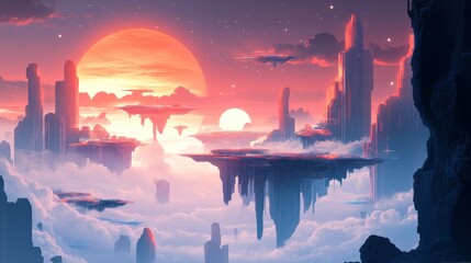A Futuristic Cityscape Suspended in the Clouds with a Double Sun