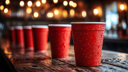 Red Solo cups scattered on a table with a blurry background of partygoers, symbolizing celebration, camaraderie, and the spontaneous joy of social gatherings