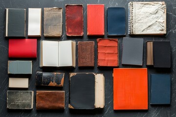 Fototapeta premium A diverse collection of vintage books showcasing various colors, textures, and conditions, perfect for storytelling and art projects.