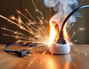 Indoor electric plug on the wall emitting dangerous sparks, fire, and smoke.Generated with AI