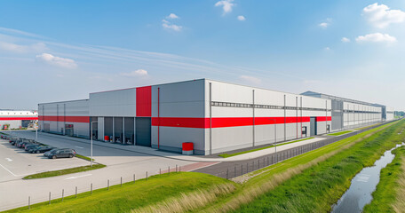 Obraz premium Exterior of a gray industrial warehouse dock station with white walls and red edges, surrounded by green grass. Commercial storehouse building, business unit, cargo factory, distribution, logistics. 