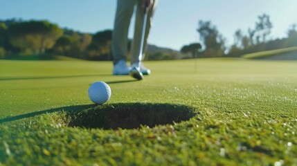 A perfectly aligned golf ball is about to drop into the hole on a green course, capturing the essence of skillful precision and the thrill of the game.
