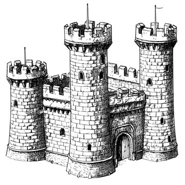 Detailed drawing of a medieval castle with tall towers, fortified walls, and central keep, vector illustration art
