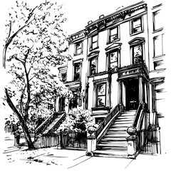 Drawing of a historic brownstone building with stoops, tall windows, tree-lined street, vector illustration art