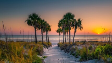 Obraz premium This image captures palm trees lining a sandy path that leads to a beach with a stunning sunset view, symbolizing relaxation and tropical beauty, and evoking serene, vacation vibes.
