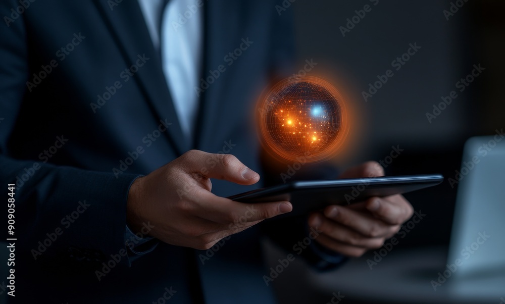 Poster businessman using tablet showing connectivity in the style of digital technology.