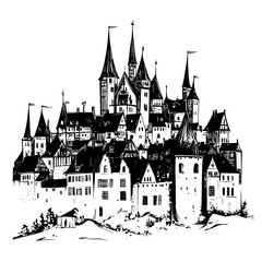Obraz premium Image of a medieval European city with tall spires, castle walls, and clustered homes, vector illustration art