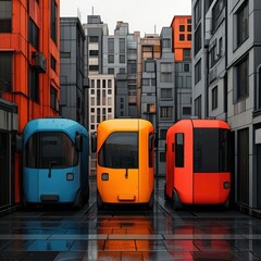 Colorful modern trams parked between sleek urban buildings, showcasing vibrant design and contemporary architecture.