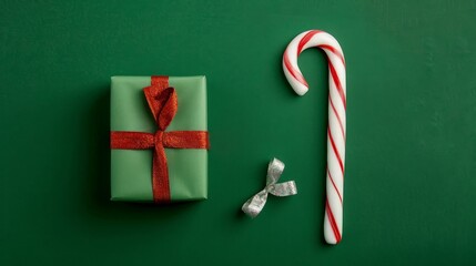 Fototapeta premium Christmas Gift and Candy Cane on Green Background