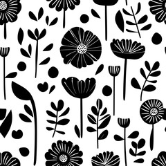 Whimsical, stylized flowers with clean, streamlined leaves and subtle Nordic influences, seamless pattern vector