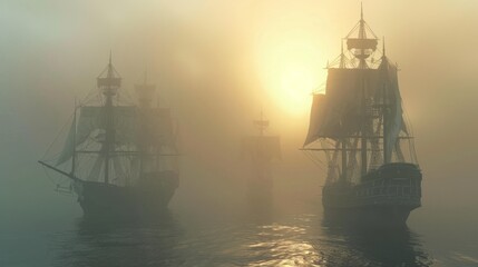 Three Silhouettes of Ships Sailing Through Misty Sunset