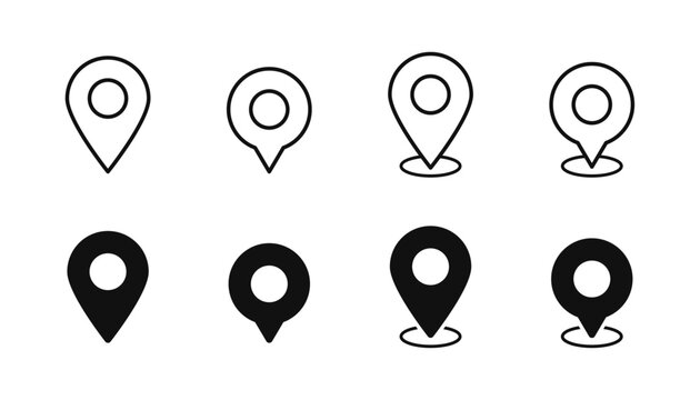Location marker, map pin icon set. Flat icon set of location and map pins. Map pin place marker. Location pointer icon symbol in flat style. Position symbol. Point illustration sign collection