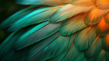Fototapeta premium A detailed and colorful close-up of feathers in vivid green and orange hues, capturing their delicate and intricate patterns, symbolizing beauty and nature's elegance.