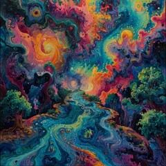 Naklejka premium Vibrant, impressionistic painting featuring a winding path through a forest. The layout is horizontal, with the path curving from the bottom center to the upper right. 