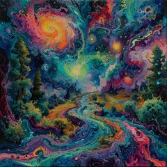 Fototapeta premium Vibrant, impressionistic painting featuring a winding path through a forest. The layout is horizontal, with the path curving from the bottom center to the upper right. 
