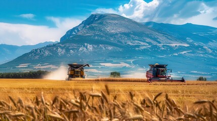 Naklejka premium Modern agricultural machinery harvesting wheat in a vast field with combines and tractors under a bright sky, set against a picturesque mountain backdrop.