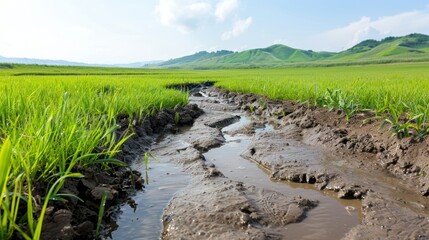 A field with visible gullies and washed-away soil after heavy rain