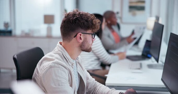 Office, research and man with computer at desk for information technology, server and planning. Programming, business and developer with tech at work for backend development, testing or system review
