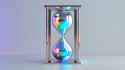 Hourglass with holographic sand, smooth flat metal frame on gray background.