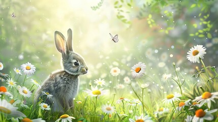 Obraz premium Cute Gray Hare on Green Glade Surrounded by Daisies, Dragonflies, and Butterflies
