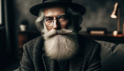 A distinguished older man with a long white beard and glasses sits thoughtfully, wearing a hat and stylish attire..Concept: Aging Gracefully, Wisdom, Sophistication, Distinguished Gentleman