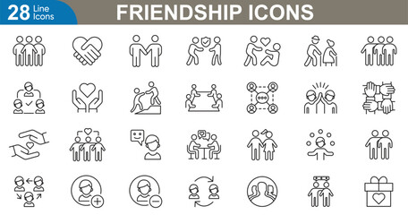 Friendship icons set vector illustration. Friends, relationship, connection, social, community, togetherness, bonding, teamwork and more.