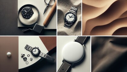  A collage showcasing a sleek, minimalist watch in various settings and compositions, emphasizing its modern design..Concept: Minimalist Watch, Modern Design, Style, Timepiece