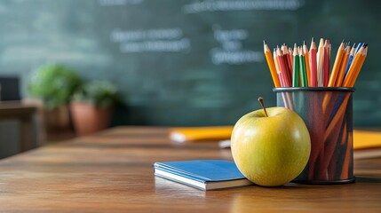 Back to School Essentials: A green apple, colored pencils, and a notebook rest on a desk, set against a blurred chalkboard backdrop, evoking a nostalgic classroom ambiance.