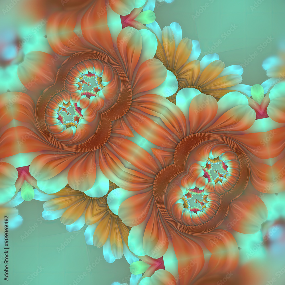 Poster Colorful digital illustration of a flower with a symmetrical design featuring an intricate fractal pattern. 3d rendering